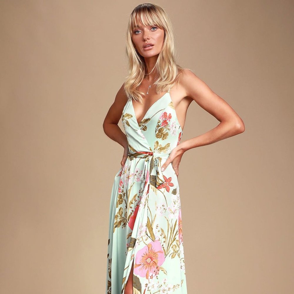 Still the One Sage Green Floral Print Satin Maxi Dress, Size Small